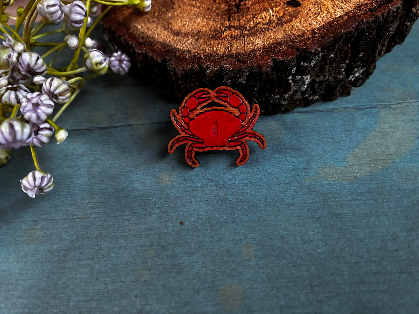 Hand-Painted Wooden Crab Pin for Backpacks & Tote Bags