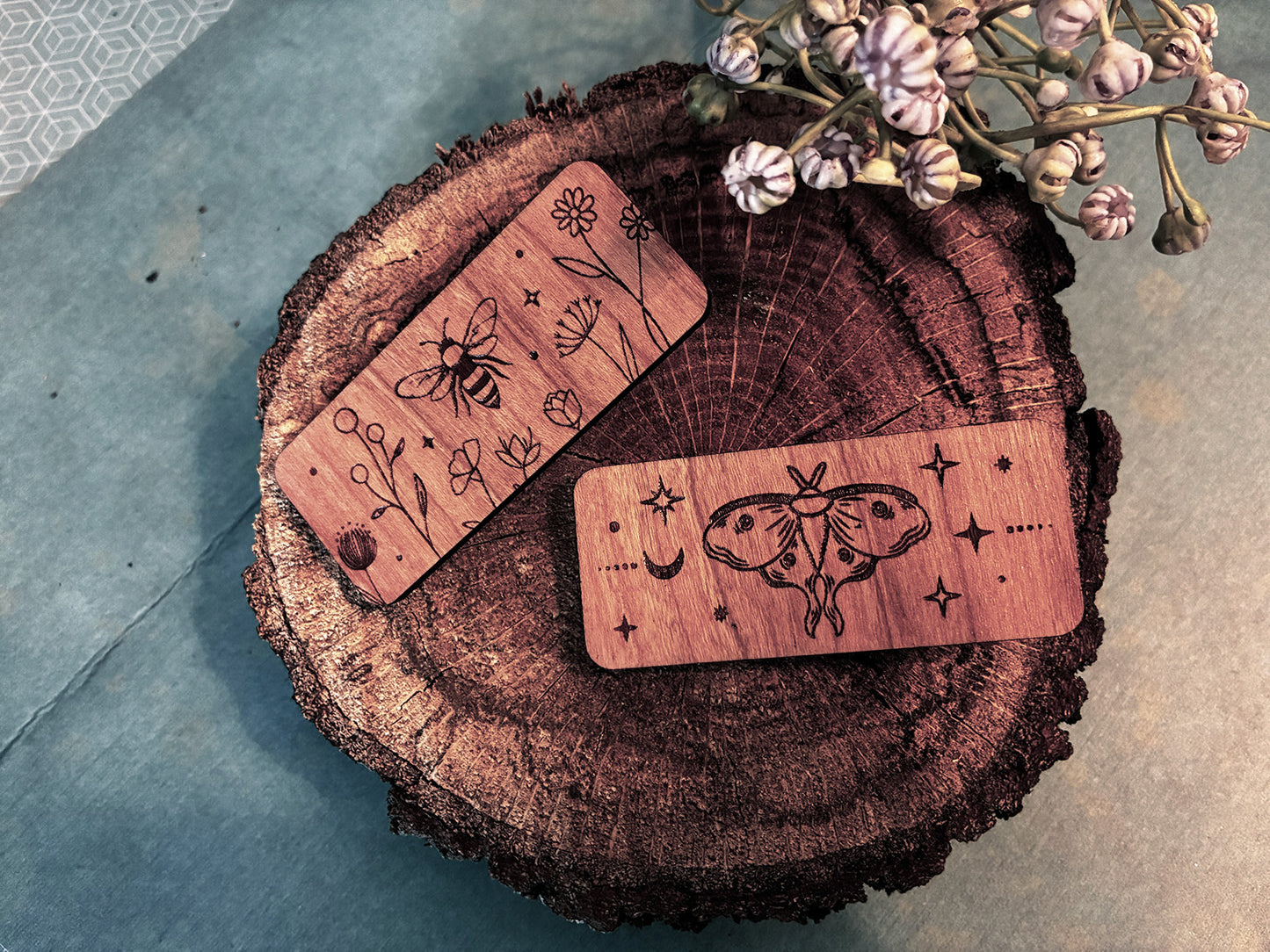 Floral Bee & Celestial Lunar Moth Wooden Hair Clips