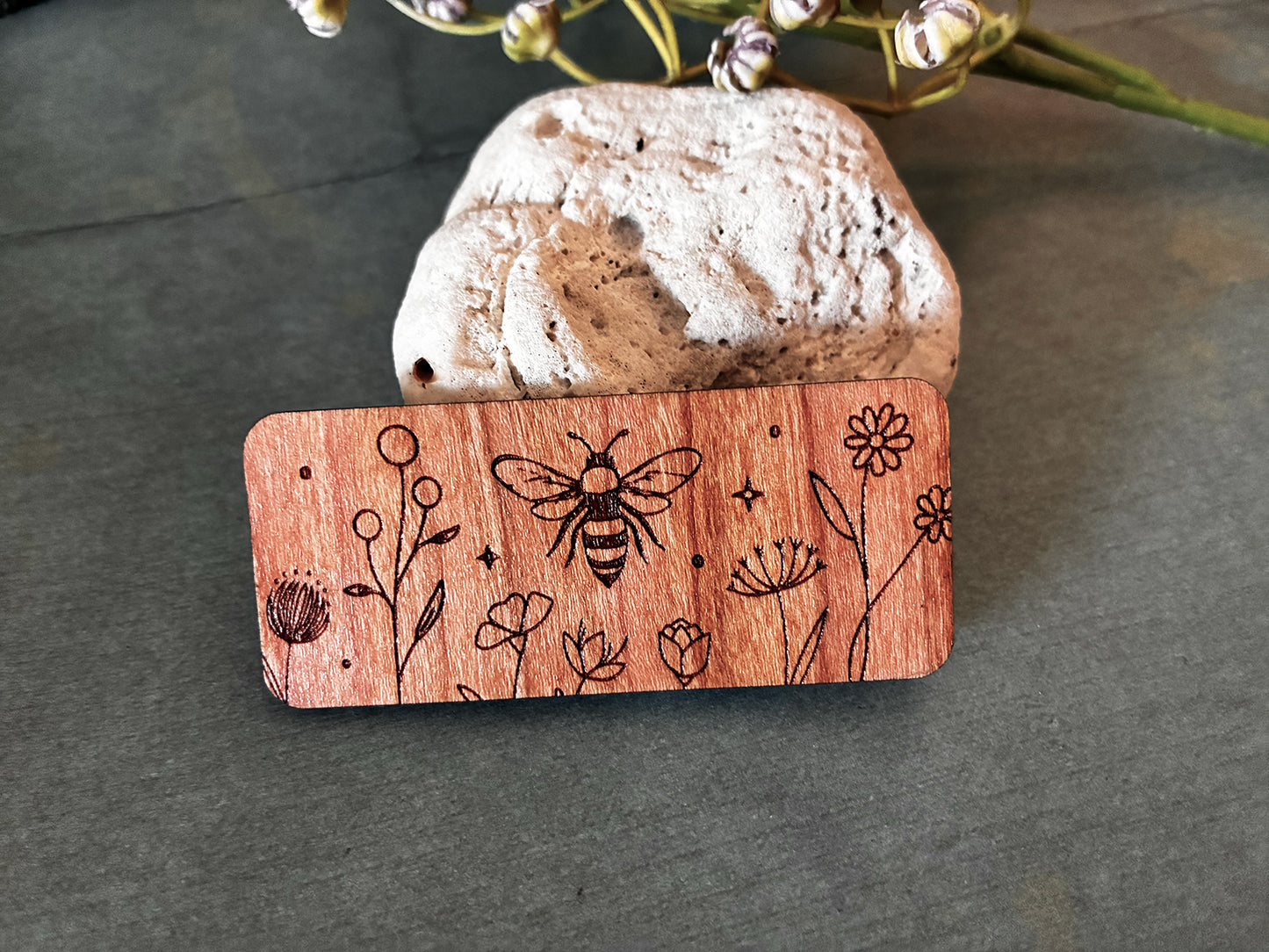 Floral Bee & Celestial Lunar Moth Wooden Hair Clips