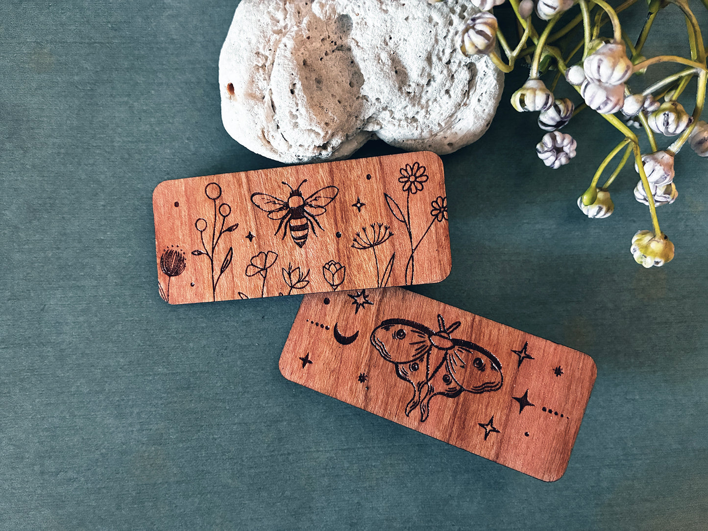 Floral Bee & Celestial Lunar Moth Wooden Hair Clips