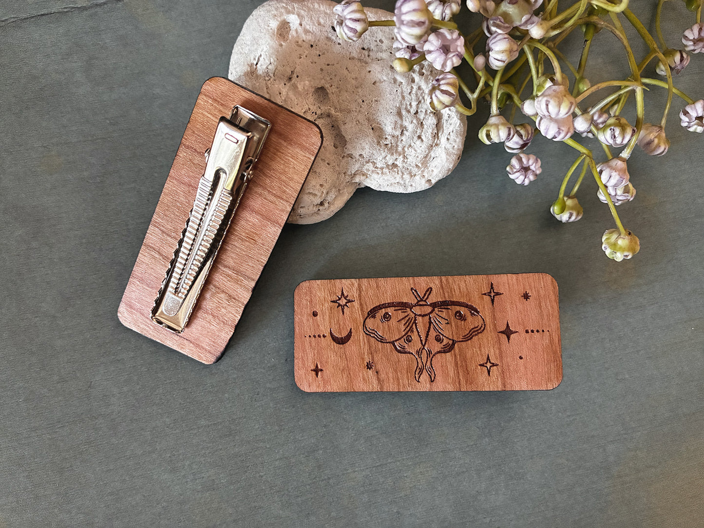 Floral Bee & Celestial Lunar Moth Wooden Hair Clips