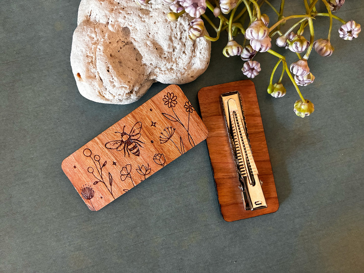 Floral Bee & Celestial Lunar Moth Wooden Hair Clips