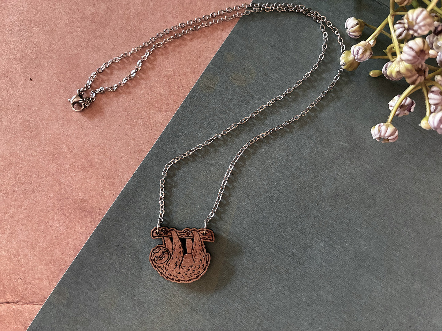 Hanging Wooden Sloth Pendant Necklace