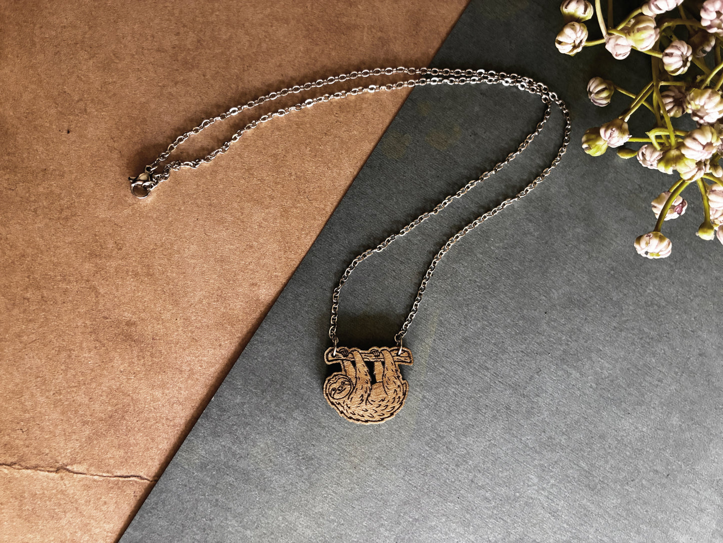 Hanging Wooden Sloth Pendant Necklace