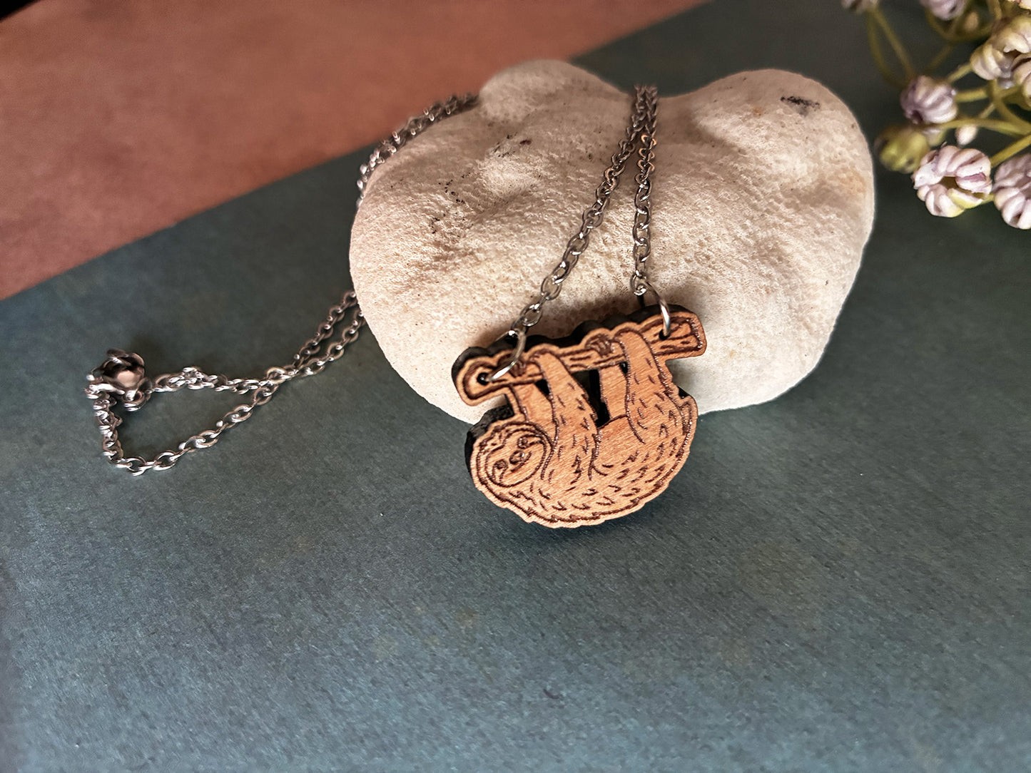 Hanging Wooden Sloth Pendant Necklace
