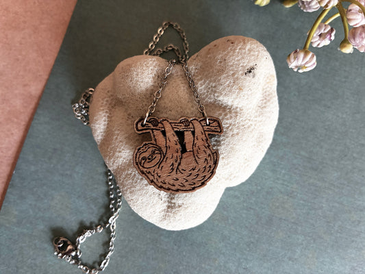 Hanging Wooden Sloth Pendant Necklace