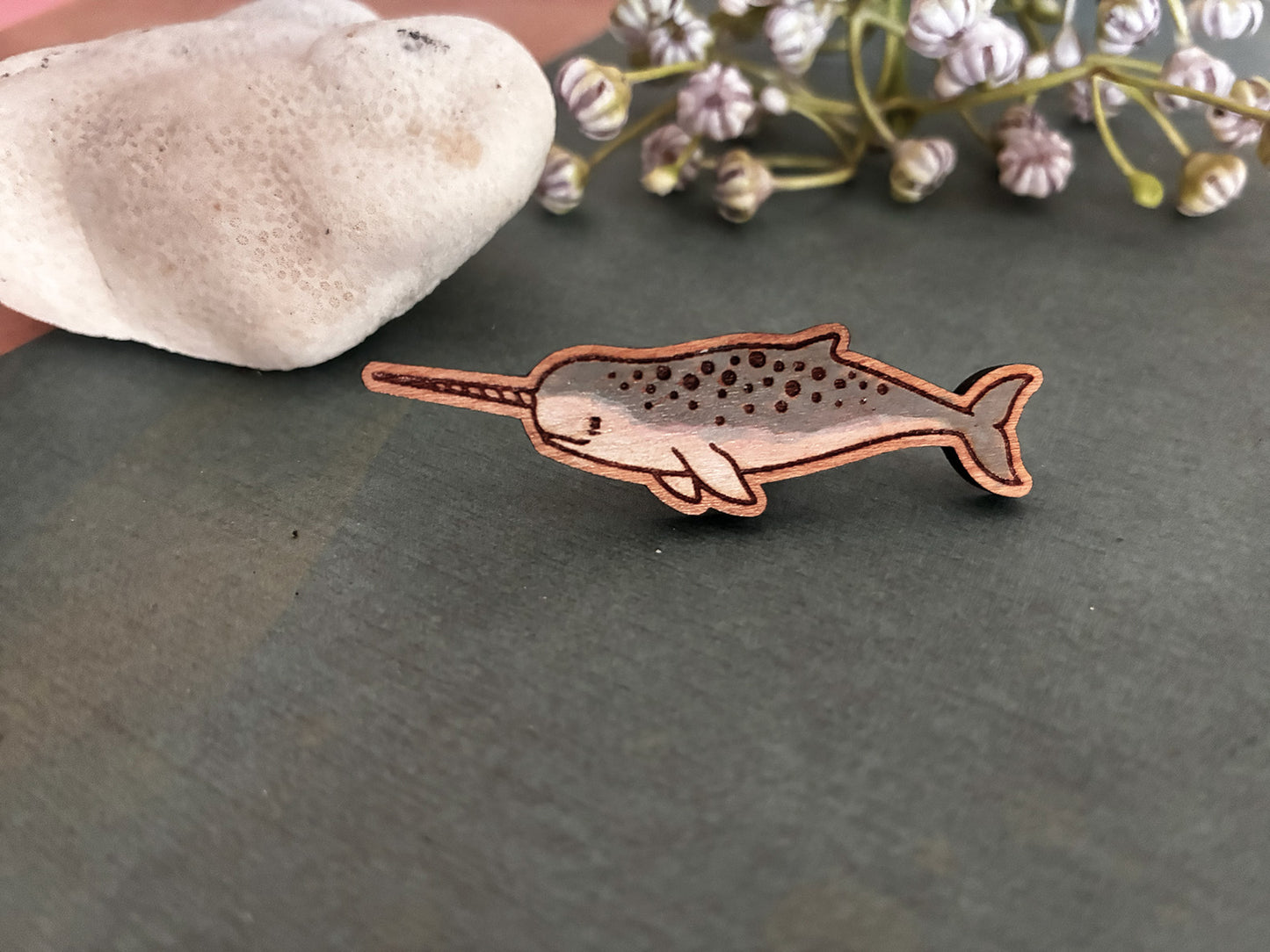 Hand-Painted Wooden Narwhal Pin