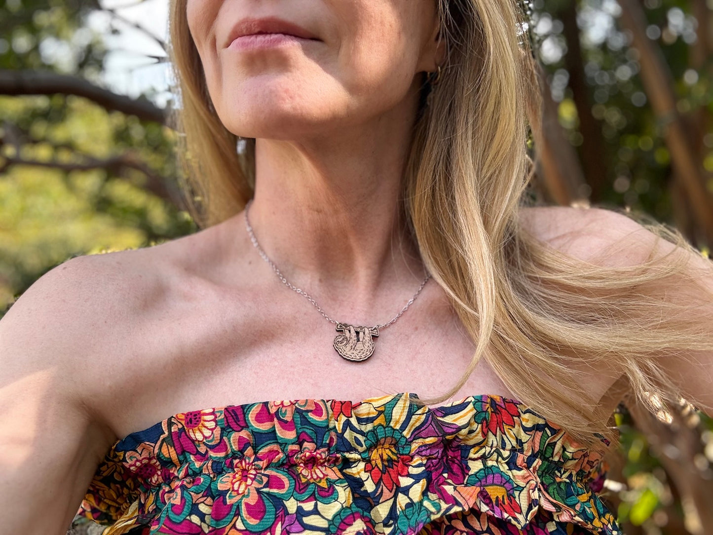 Hanging Wooden Sloth Pendant Necklace