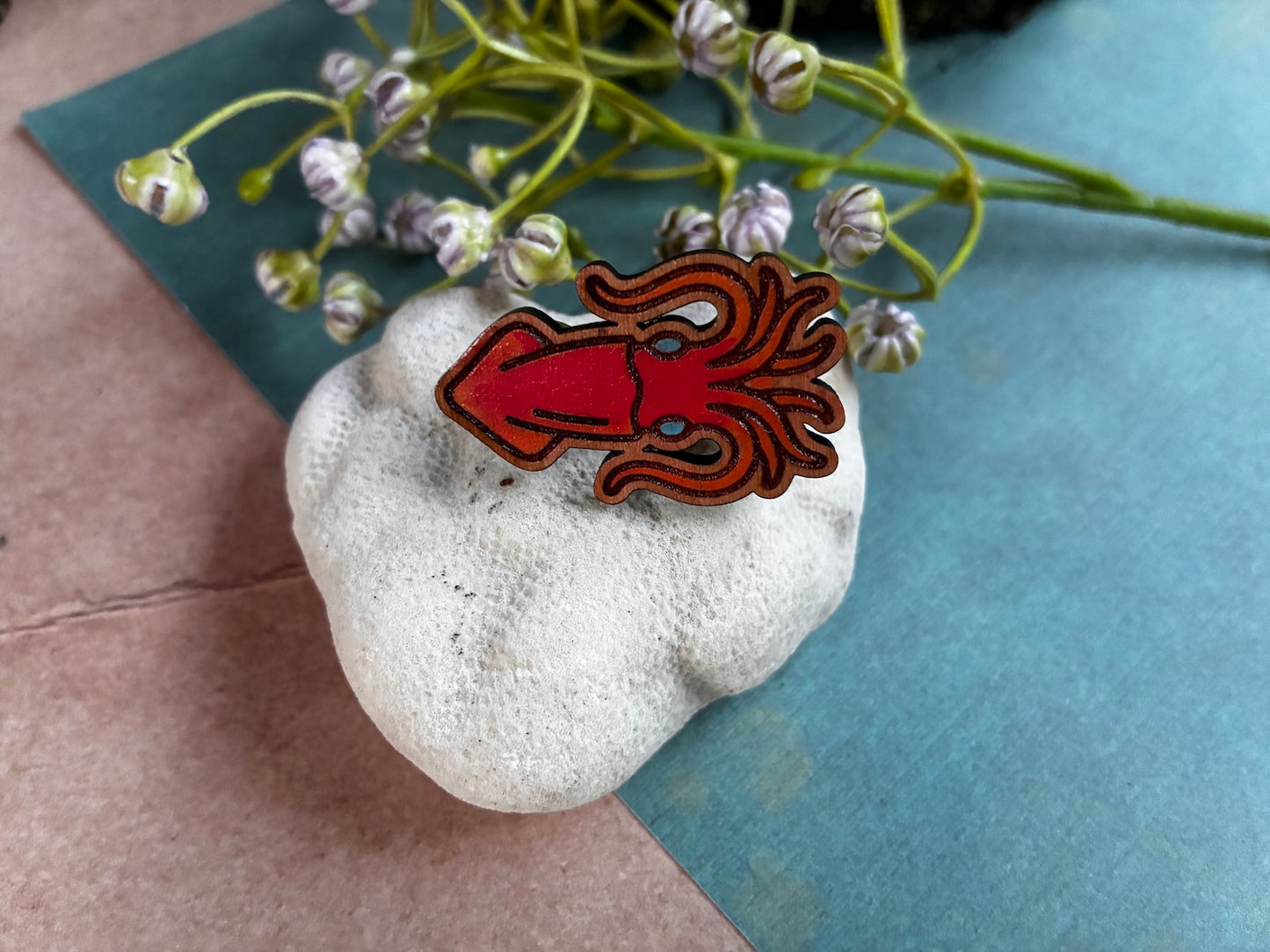 Hand-Painted Wooden Squid Lapel Pin
