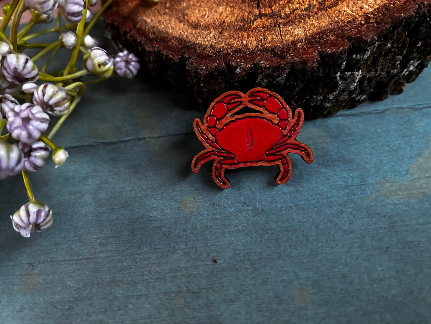 Hand-Painted Wooden Crab Pin for Backpacks & Tote Bags