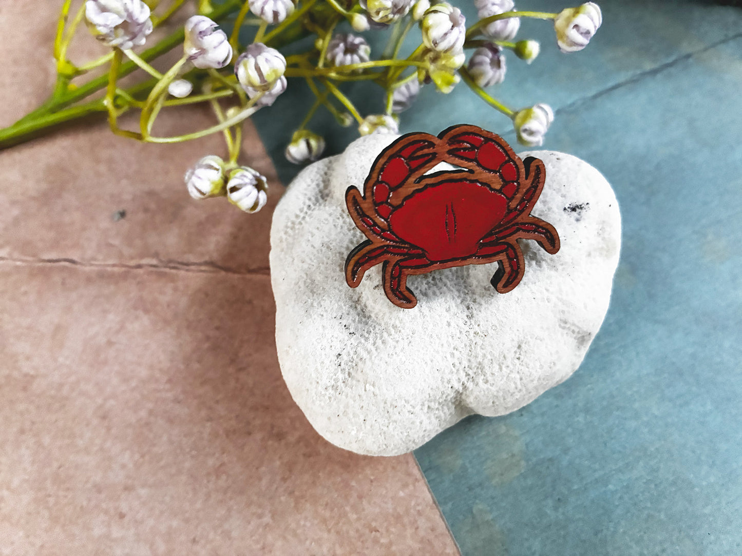 Hand-Painted Wooden Crab Pin for Backpacks & Tote Bags