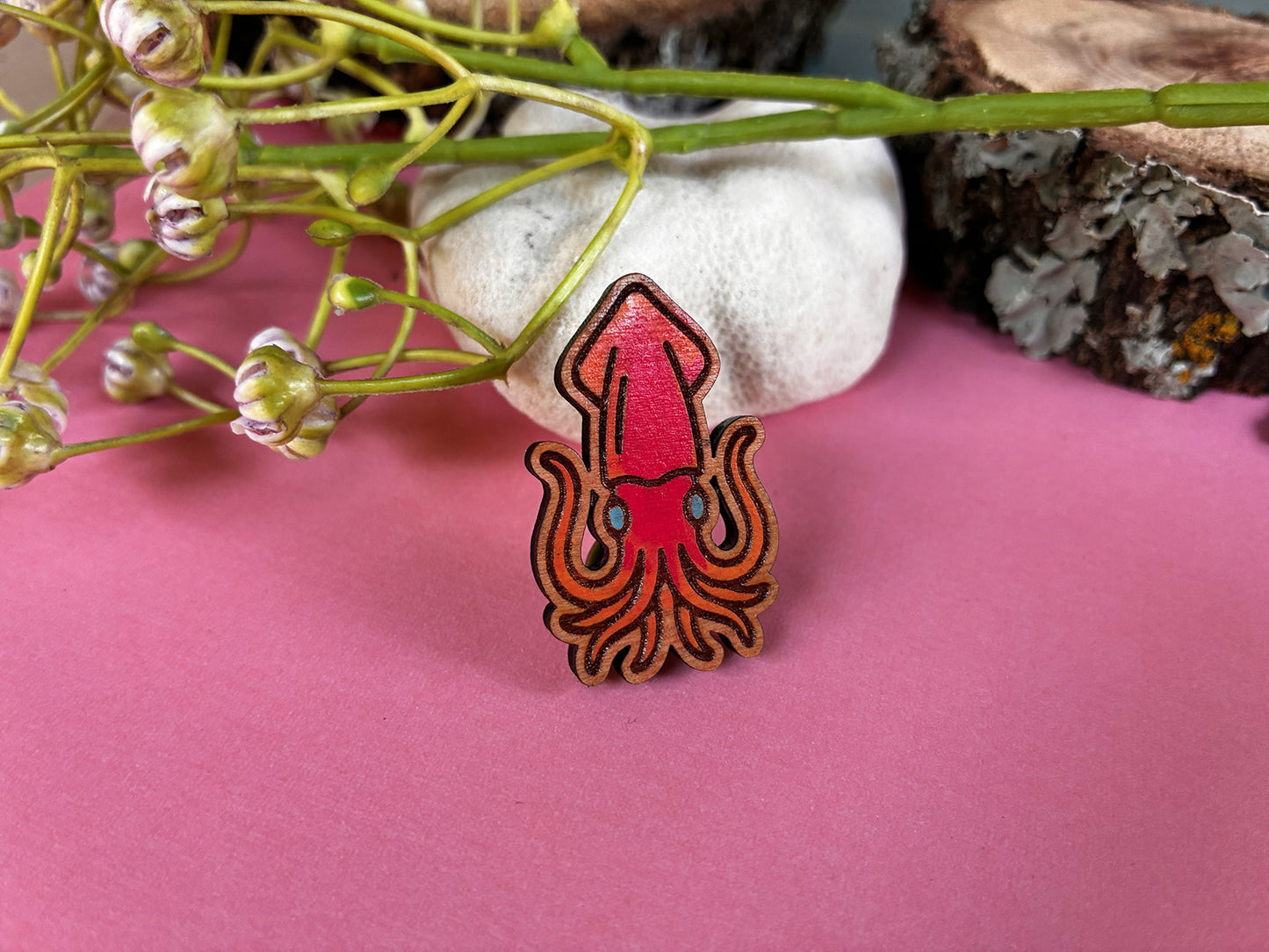 Hand-Painted Wooden Squid Lapel Pin