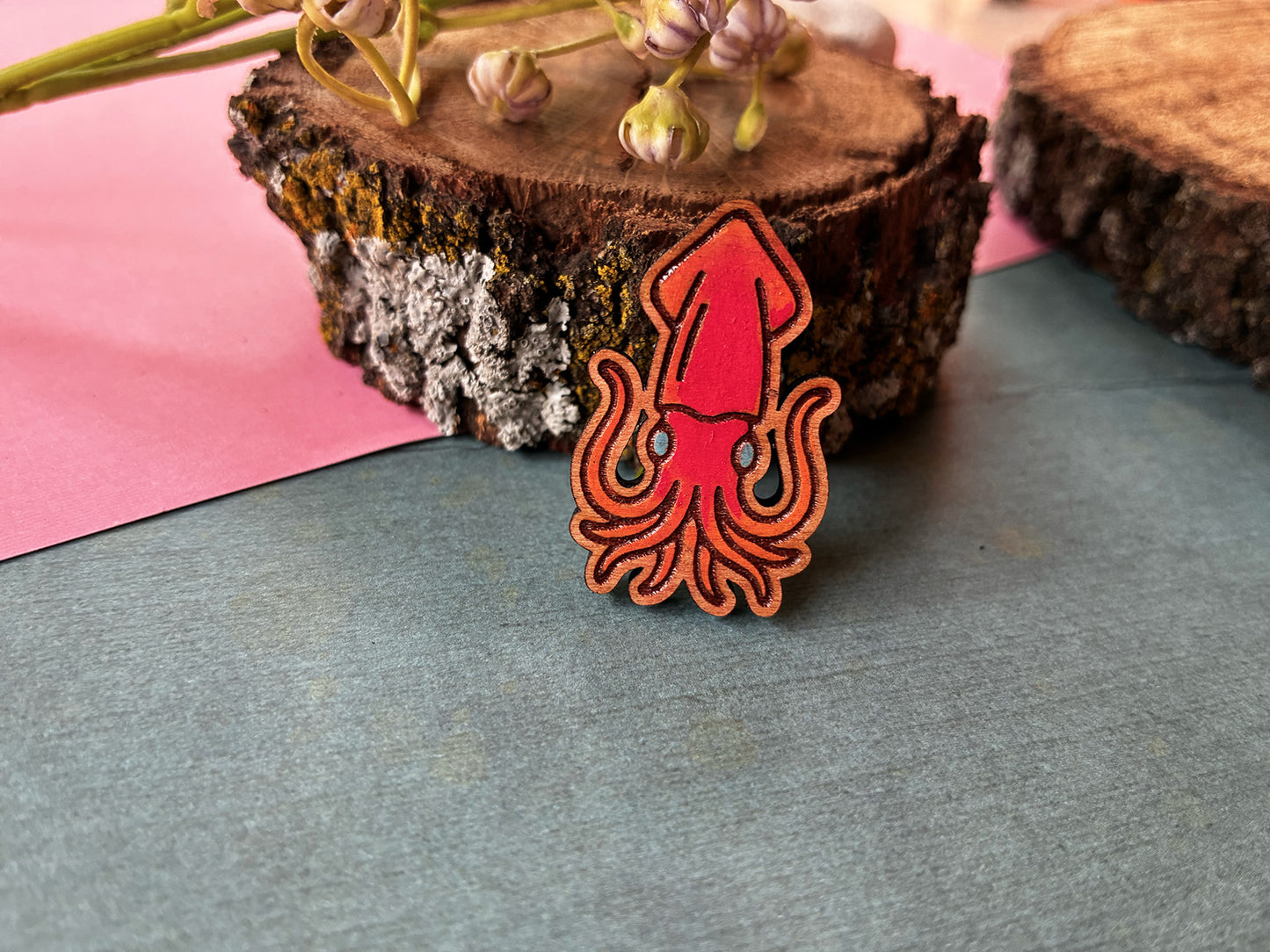 Hand-Painted Wooden Squid Lapel Pin