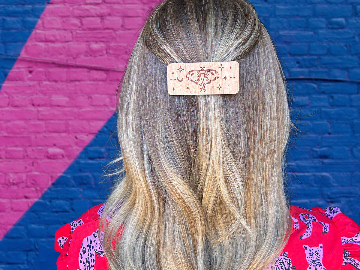 Floral Bee & Celestial Lunar Moth Wooden Hair Clips