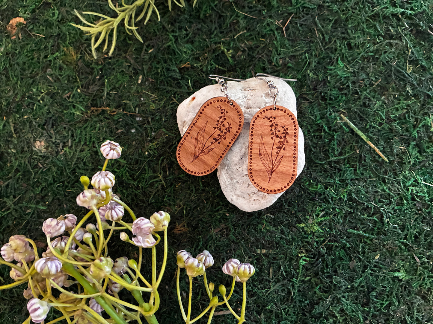 Lily of the Valley Wood Engraved Earrings