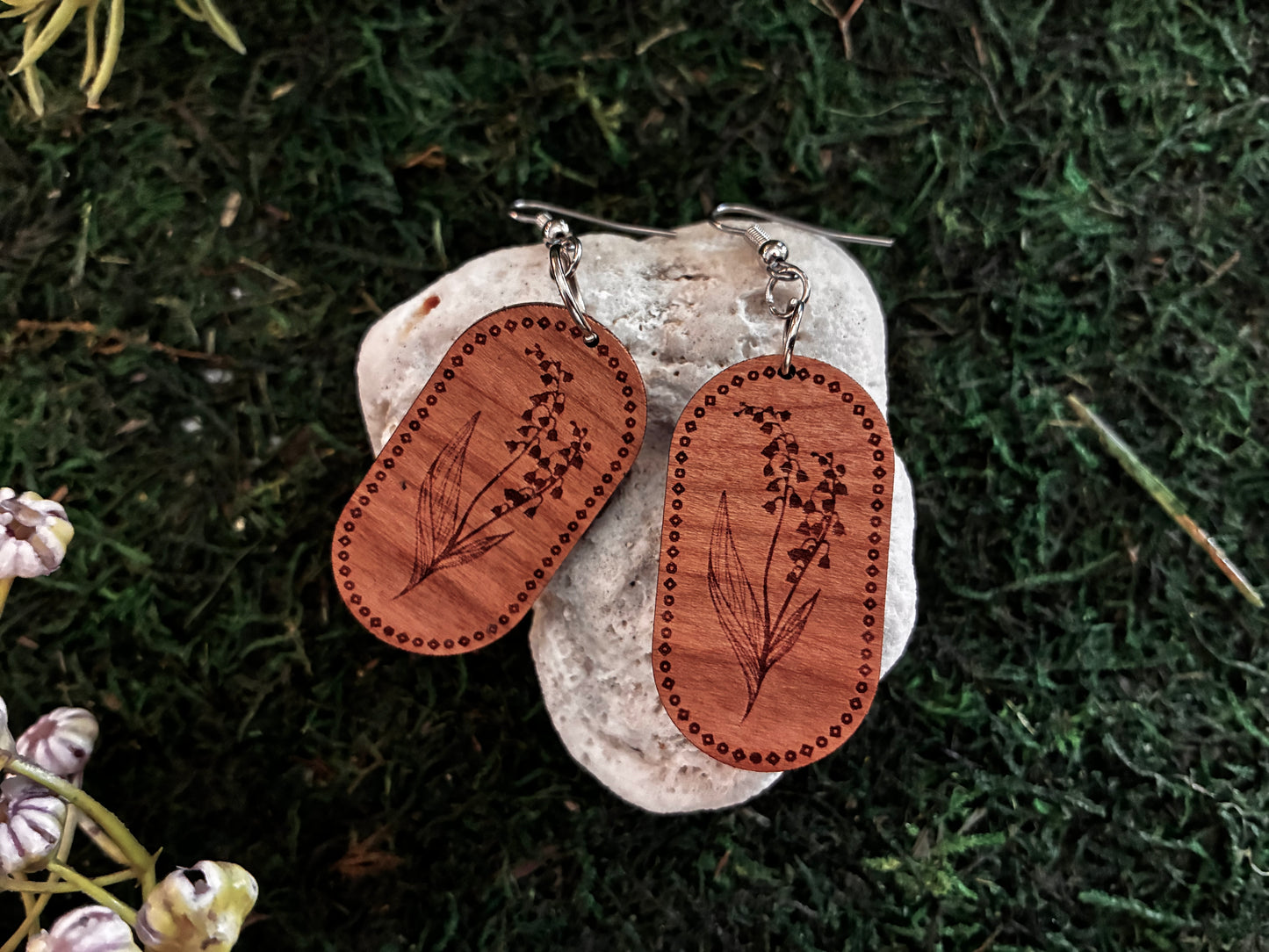Lily of the Valley Wood Engraved Earrings
