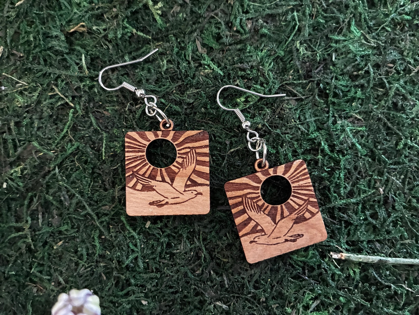 Wood Engraved Seagull Earrings