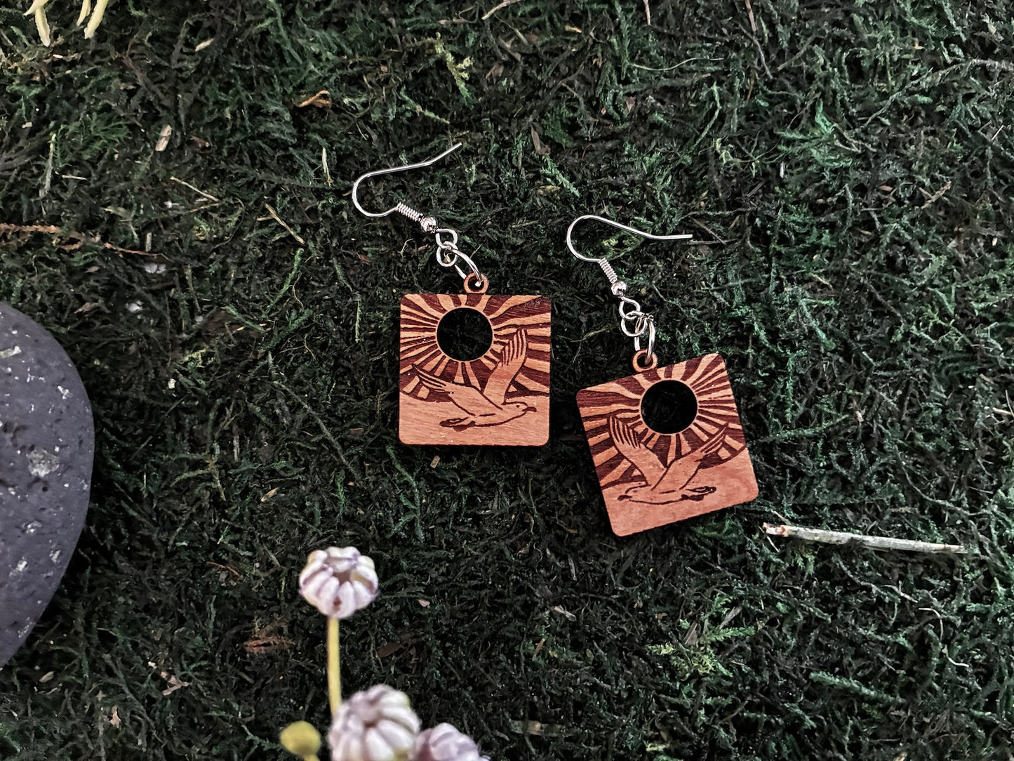 Wood Engraved Seagull Earrings